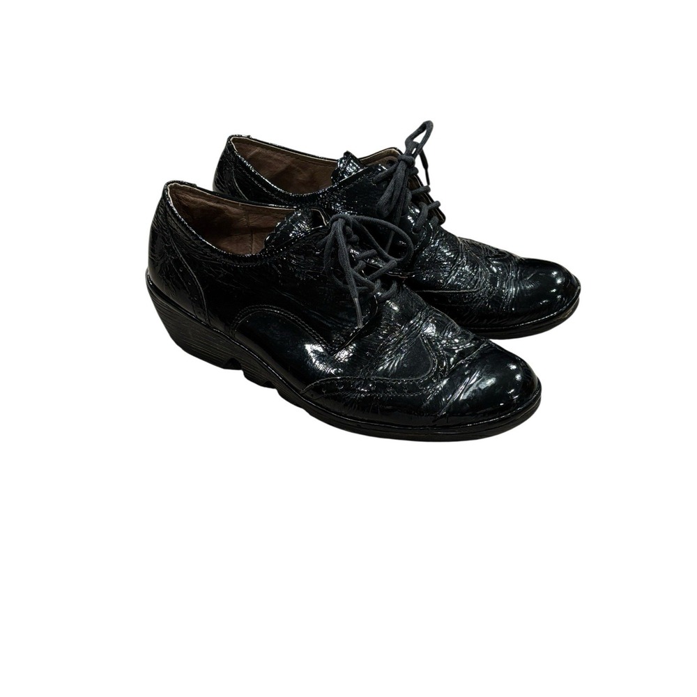 Fly London Womens 38 7.5 - 8 Palt Oxford Wedge Shoes Black Patent Leather Brogue